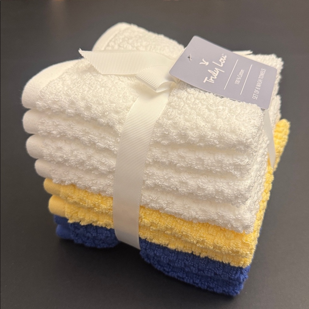 8pc TRULY LOU 100% Cotton Bath Wash Towel Set- LG Pique -White/Yellow/Cabanablue - Picture 3 of 6